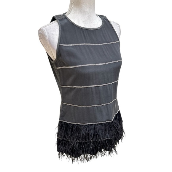 EE by Etcetera 100% silk gray sleeveless top with feather bottom trim size 2 - Picture 3 of 10
